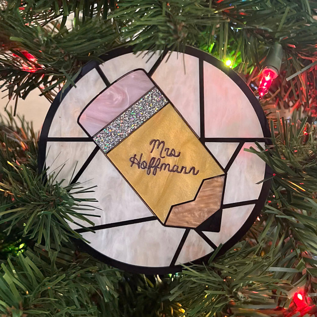 Custom Teacher Christmas Ornament: Stained Glass Pencil Gift