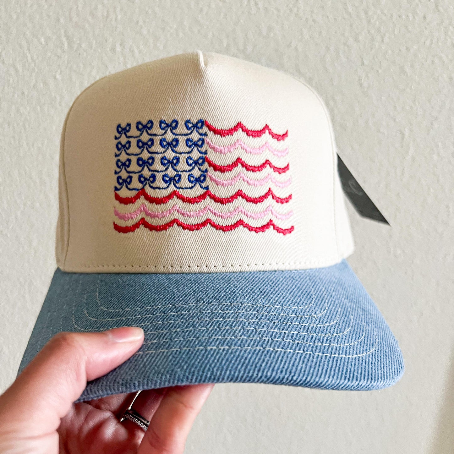 Embroidered Bow Flag Trucker Hat: Coquette 4th of July