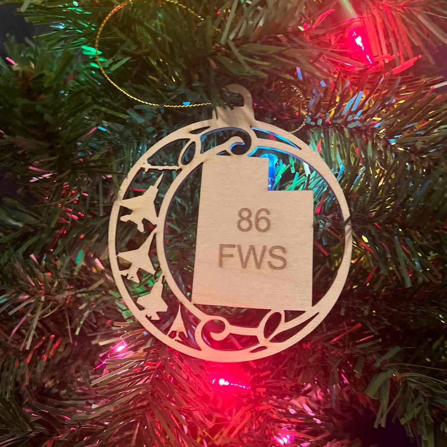 Laser Cut Wood State Ornament with Fighter Jets: Aviation Gift