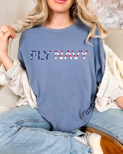 Fly Navy T-Shirt – Patriotic Graphic Tee in Washed Denim Blue