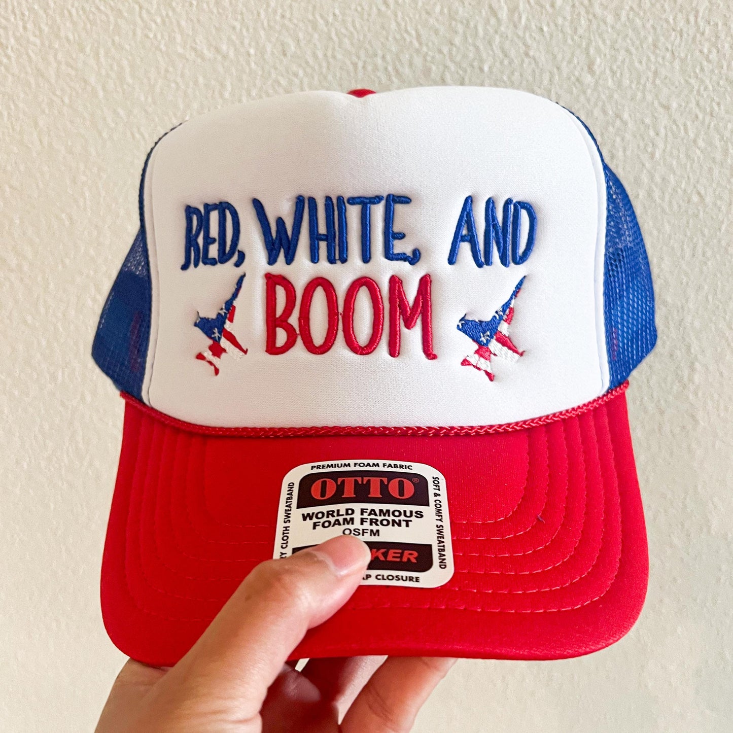 4th of July Jet Embroidered Trucker Hat: Red White Boom