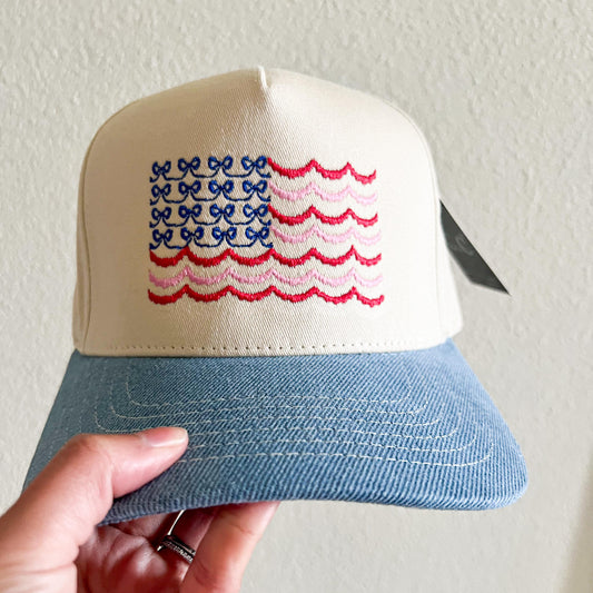 Embroidered Bow Flag Trucker Hat: Coquette 4th of July