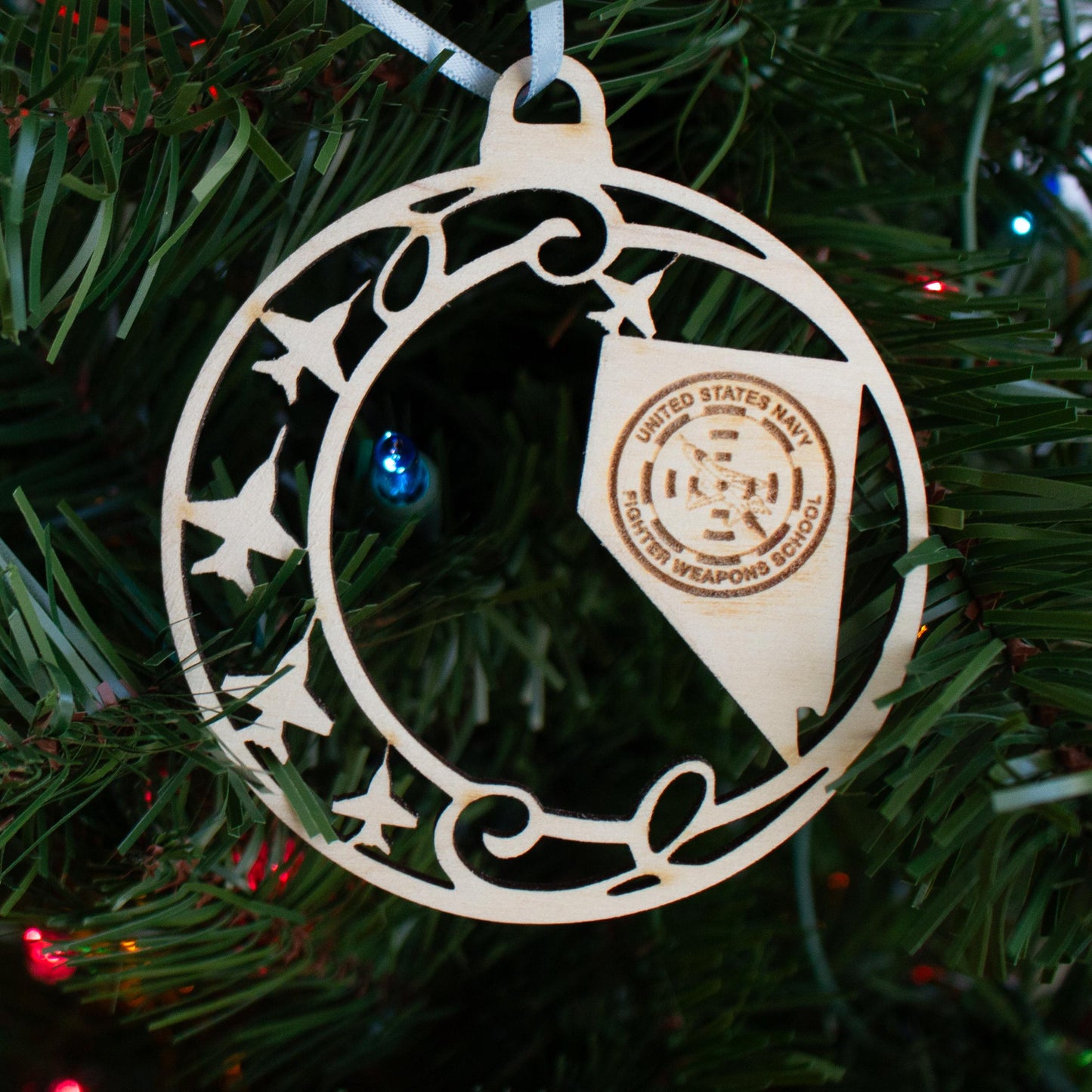 Laser Cut Wood State Ornament with Fighter Jets: Aviation Gift