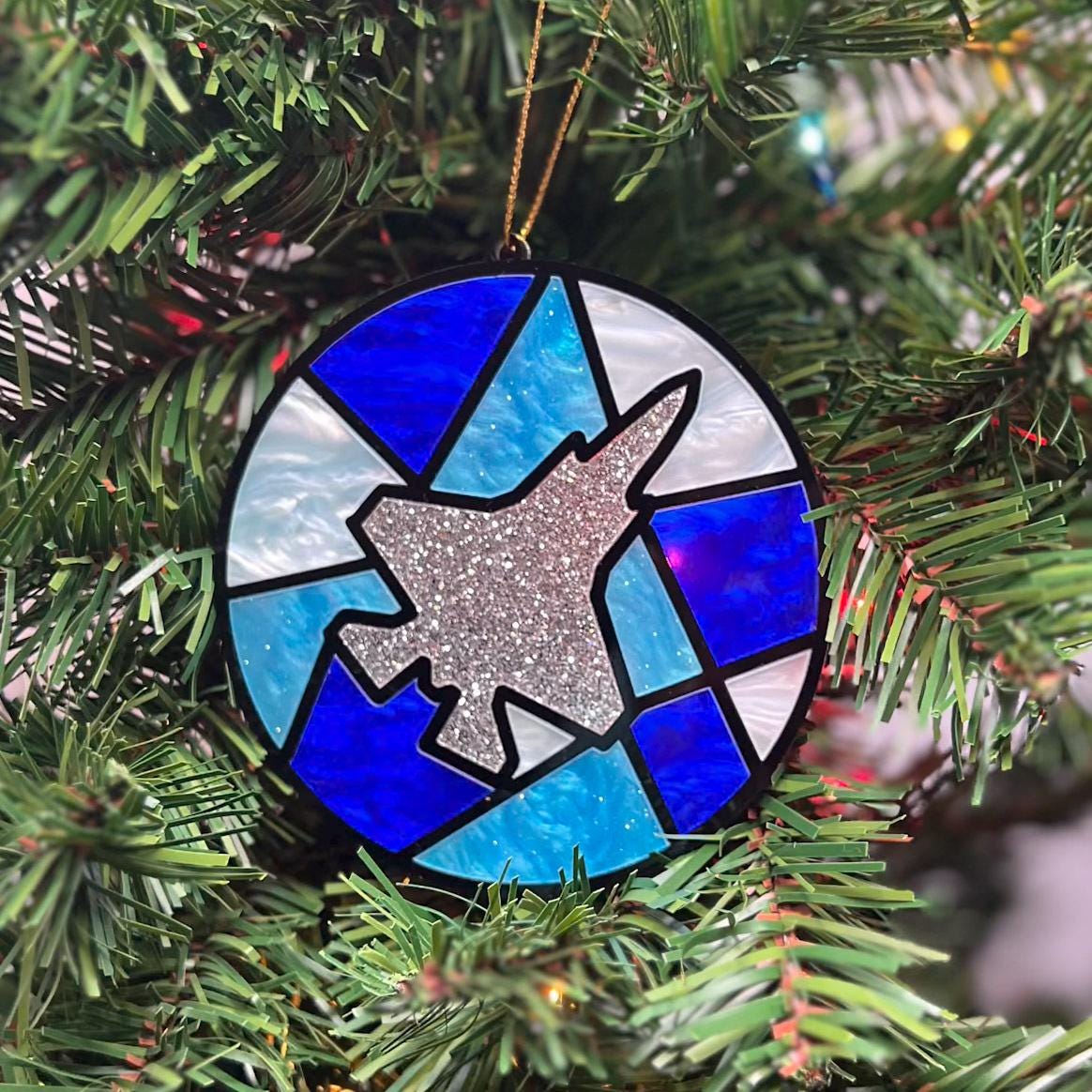 Fighter Jet Christmas Ornament: Stained Glass Style, Aviation Gift