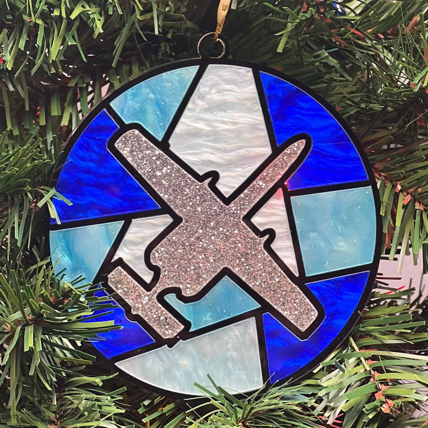 Fighter Jet Christmas Ornament: Stained Glass Style, Aviation Gift
