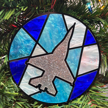 Fighter Jet Christmas Ornament: Stained Glass Style, Aviation Gift