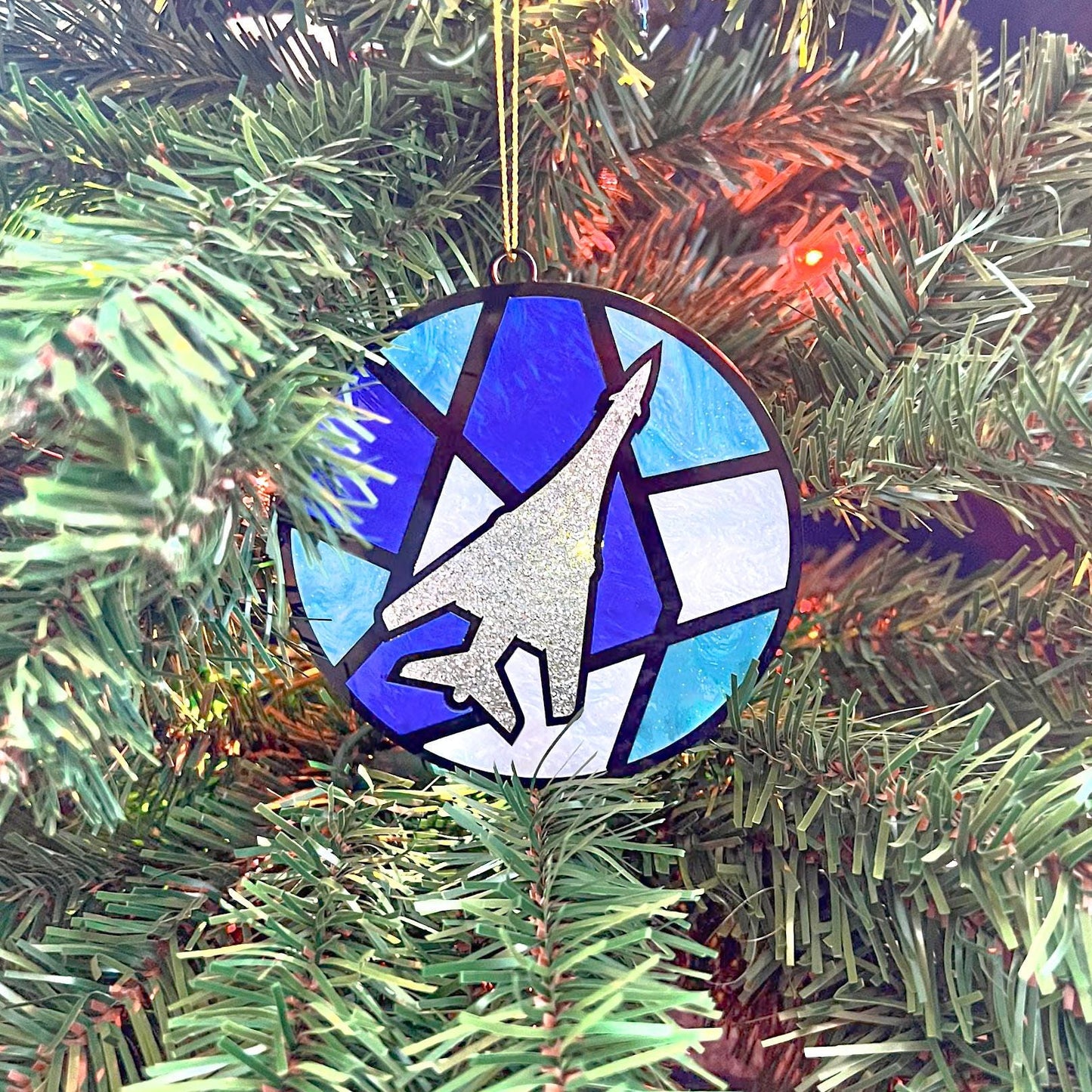 Fighter Jet Christmas Ornament: Stained Glass Style, Aviation Gift