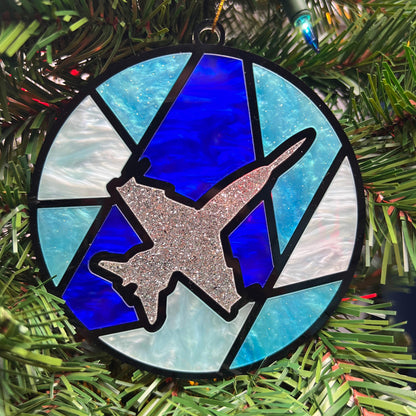 Fighter Jet Christmas Ornament: Stained Glass Style, Aviation Gift