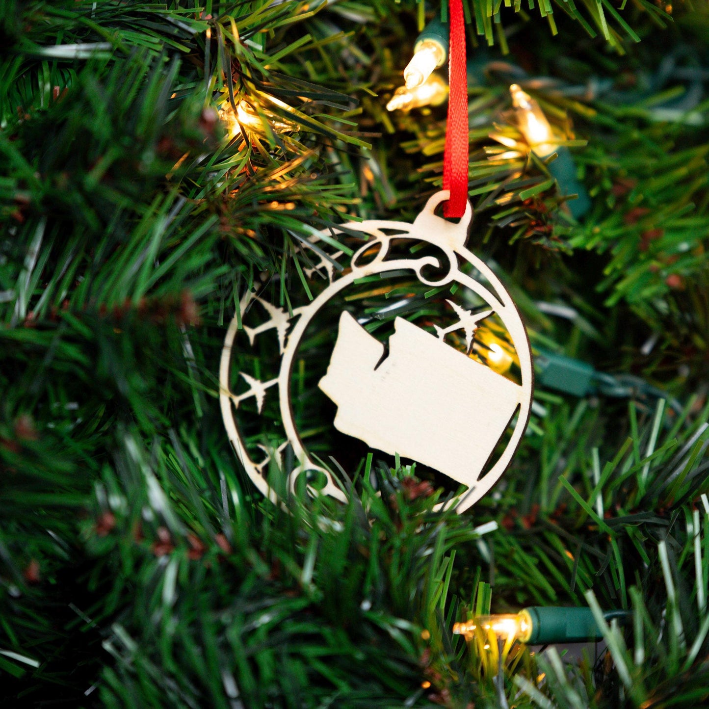 Laser Cut Wood State Ornament with Fighter Jets: Aviation Gift