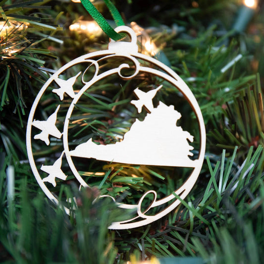 Laser Cut Wood State Ornament with Fighter Jets: Aviation Gift