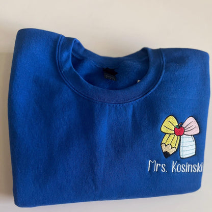 Personalized Embroidered Teacher Sweatshirt: Coquette Bow Design