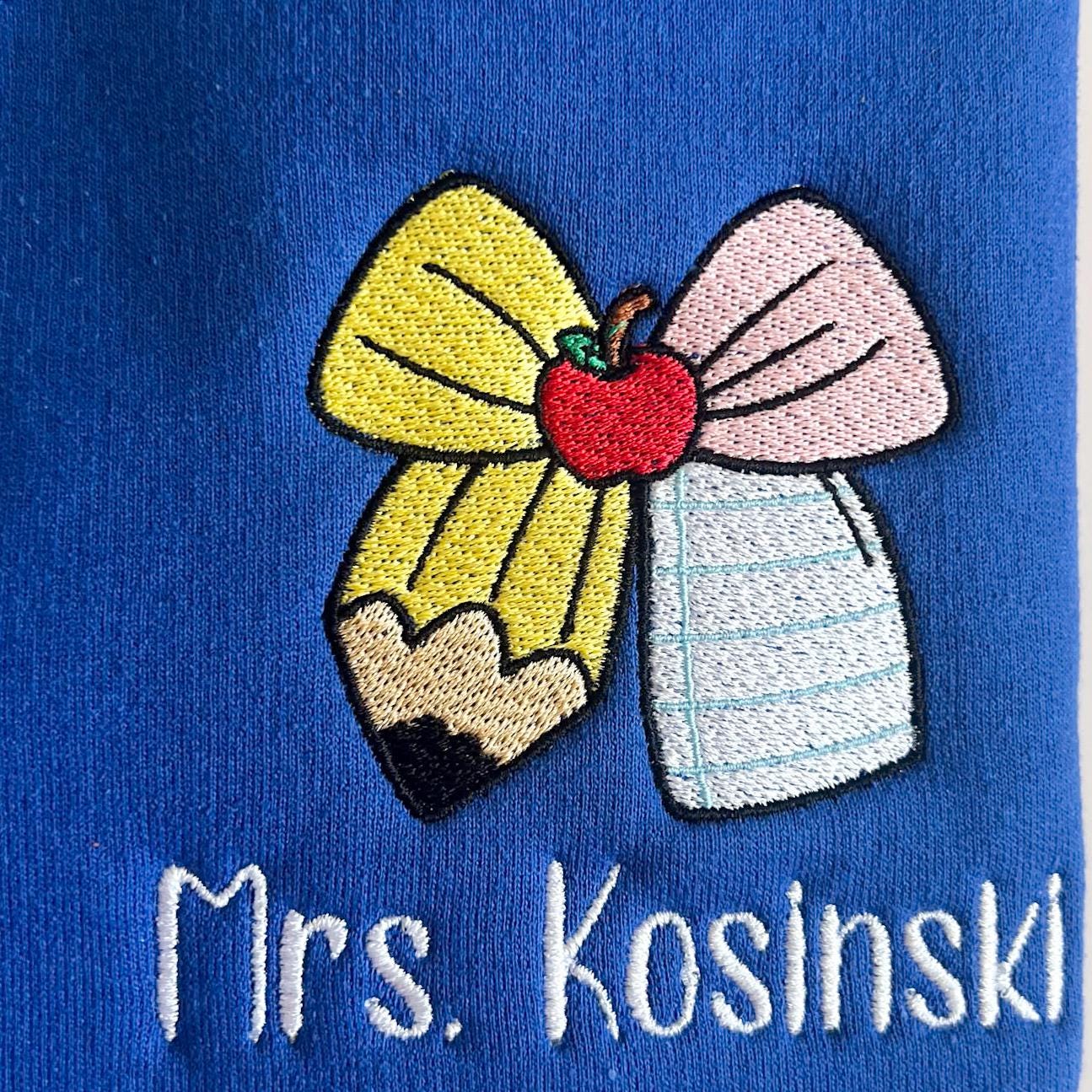 Personalized Embroidered Teacher Sweatshirt: Coquette Bow Design